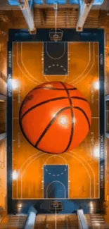 Dynamic aerial view of a basketball court with an oversized ball.