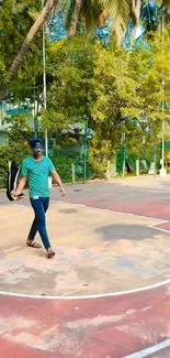 Person walking on vibrant basketball court under palm trees.