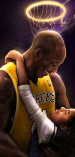 Heartfelt moment between basketball player and child in vibrant art.