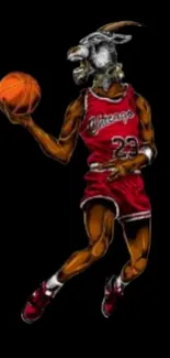 Basketball player with goat head in red uniform on black background.