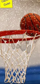 Basketball nearing the hoop with a vibrant background.