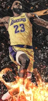 Artistic depiction of a basketball player mid-jump on the court.