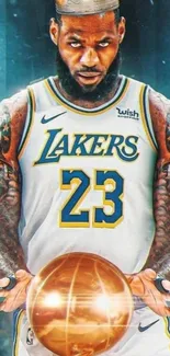 Crowned basketball player in Lakers jersey wallpaper.