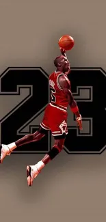 Legendary basketball player dunking with number 23 background.