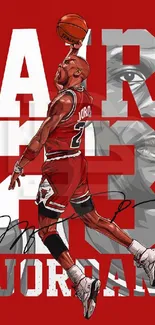 Iconic basketball figure on red background with bold typography.