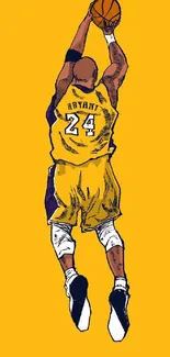 Illustrated basketball player jumps for a shot on vibrant yellow background.