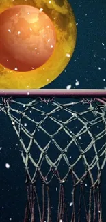 Basketball hoop with a glowing moon in a starry night sky.