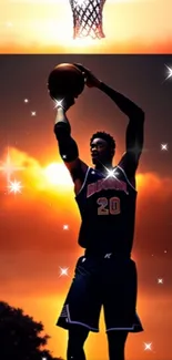 Basketball player shooting at sunset with stars and vibrant colors.