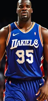 Basketball player in a blue jersey during a game, captured dynamically.