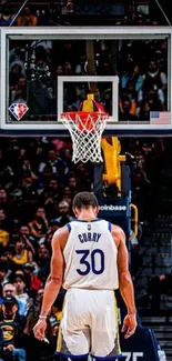 Basketball player focused on court.