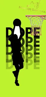 Silhouette of player dunking on lime green background.