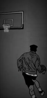 Silhouette of a basketball player shooting at a hoop in black and white.