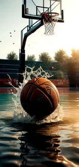 Basketball splashing on sunny court wallpaper.