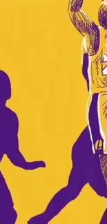 Yellow and purple basketball art wallpaper with dynamic athletic figure.