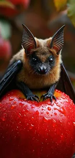 A cute bat sits on a dewy red apple in a natural setting.