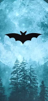 Silhouette of a bat flying in front of a full moon above a forest.