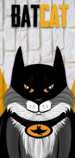 Cartoon superhero cat on yellow brick wall wallpaper.