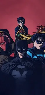 Batman with Red Hood, Nightwing, Robin, Batgirl in a bold red background.