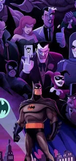 Batman and villains in animated style night cityscape.