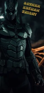 Batman Arkham Knight armor with dark background.