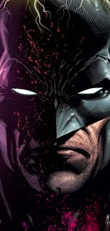 Batman with intense expression in vibrant comic-style art.