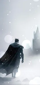 Batman stands in misty Gotham City with frozen buildings.