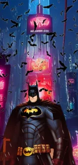 Batman stands among neon lights in a futuristic city, surrounded by flying bats.