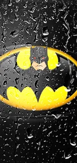 Batman logo wallpaper with raindrops on a black background.