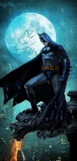 Batman stands over Gotham City with a bright moon in the background.