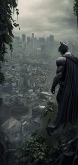 Batman stands over a city, evoking a dark and mysterious atmosphere.