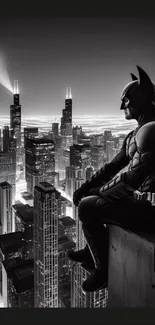 Batman sits overlooking Gotham City with a bright bat signal in the night sky.