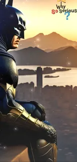 Batman overlooking Gotham at sunset with city skyline.