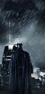 Batman stands over a city skyline in the rain at night, evoking a dramatic mood.