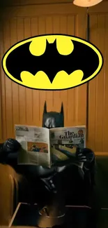 Batman reading a newspaper in a cozy corner with iconic logo above.