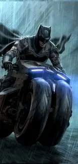 Batman rides a motorcycle through rain.