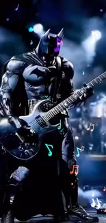 Batman playing electric guitar in a rock concert with music notes.