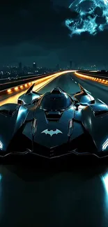 Batmobile speeding on a moonlit highway.