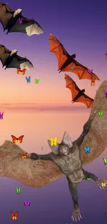 Bats and butterflies against a purple sunset sky, creating a vibrant mobile wallpaper.