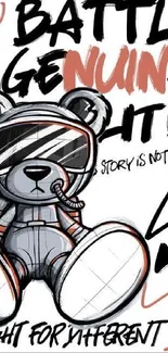 Graffiti-style teddy bear in combat suit, bold and unique design.