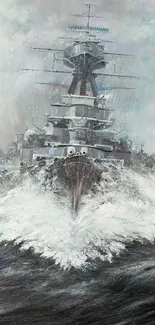 Battleship plowing through stormy ocean waves.