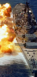 Battleship firing cannons in the ocean, creating a dramatic scene in blue waters.