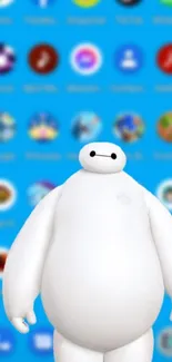 Baymax stands in front of a blue app icon background.