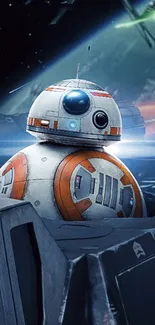 BB-8 droid in space with galaxy backdrop