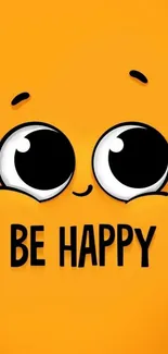 Cute smiley face with 'Be Happy' text on an orange background wallpaper.