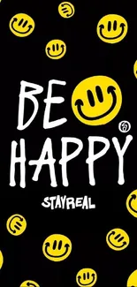 Be Happy yellow smiley wallpaper on black background for mobile.