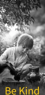 Black and white image of a child with animals and the words 'Be Kind'.