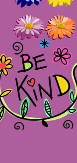 Vibrant 'Be Kind' floral mobile wallpaper on a purple background.