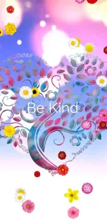 Heart-shaped design with 'Be Kind' text in pastel colors as phone wallpaper.