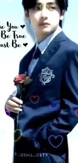 Man in blue suit holding a rose.