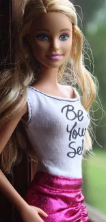 Doll wearing 'Be Yourself' shirt with pink skirt by window.